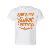 She's My Sweet Potato Thanksgiving Unisex Graphic T Shirt With Fall Leaves Design