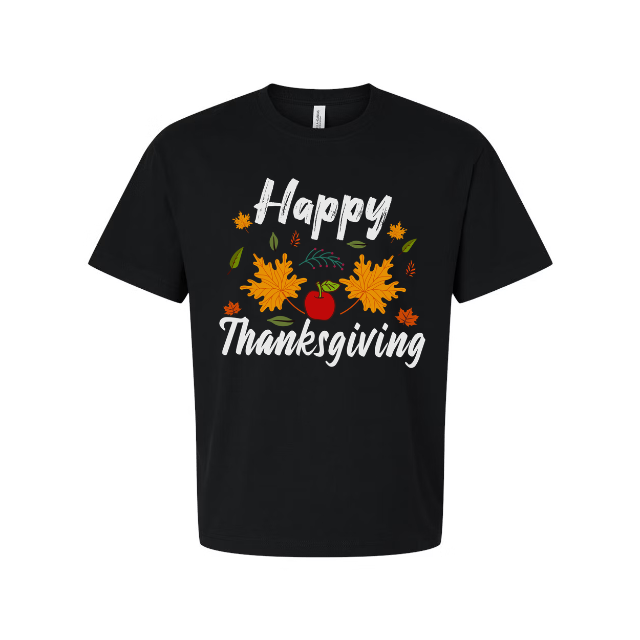 Happy Thanksgiving Unisex T Shirt With Autumn Leaves And Apple Graphic Design Illustration
