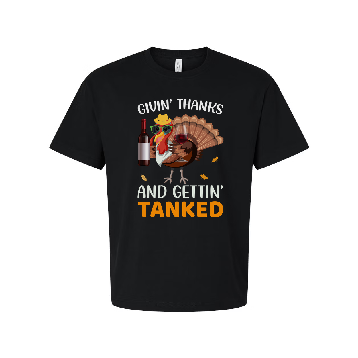 Thanksgiving Unisex T Shirt Featuring Cartoon Turkey With Sunglasses Hat Wine Bottle And Glass