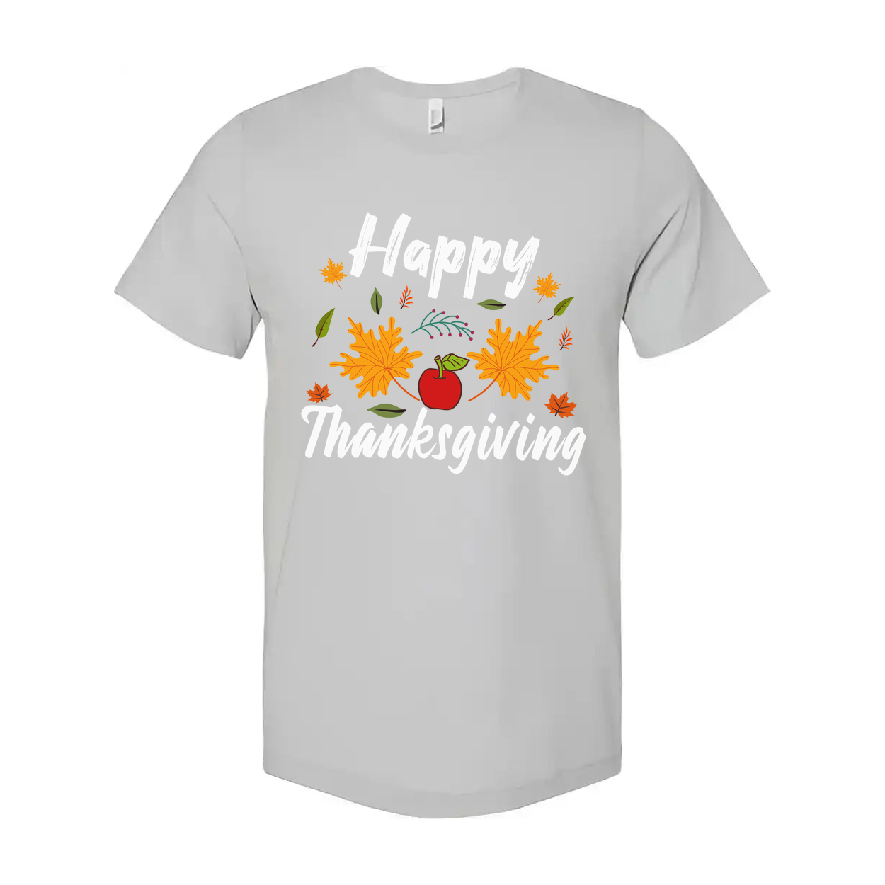 Happy Thanksgiving Unisex T Shirt With Autumn Leaves And Apple Graphic Design Illustration