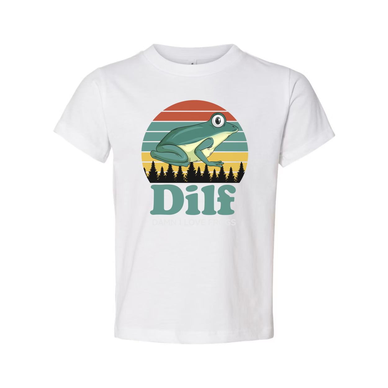 Unisex T Shirt With Frog Illustration Retro Sunset Stripes Forest Silhouette DILF Graphic Design
