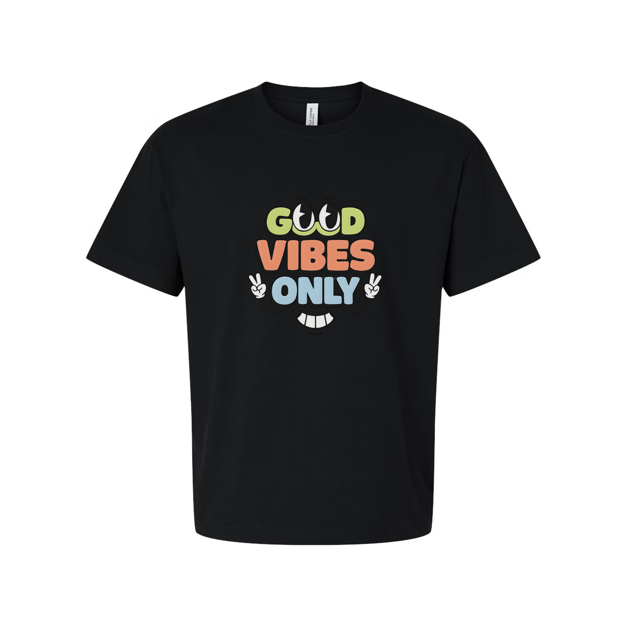 Good Vibes Only Unisex Graphic T Shirt With Colorful Text And Peace Sign Hands Design