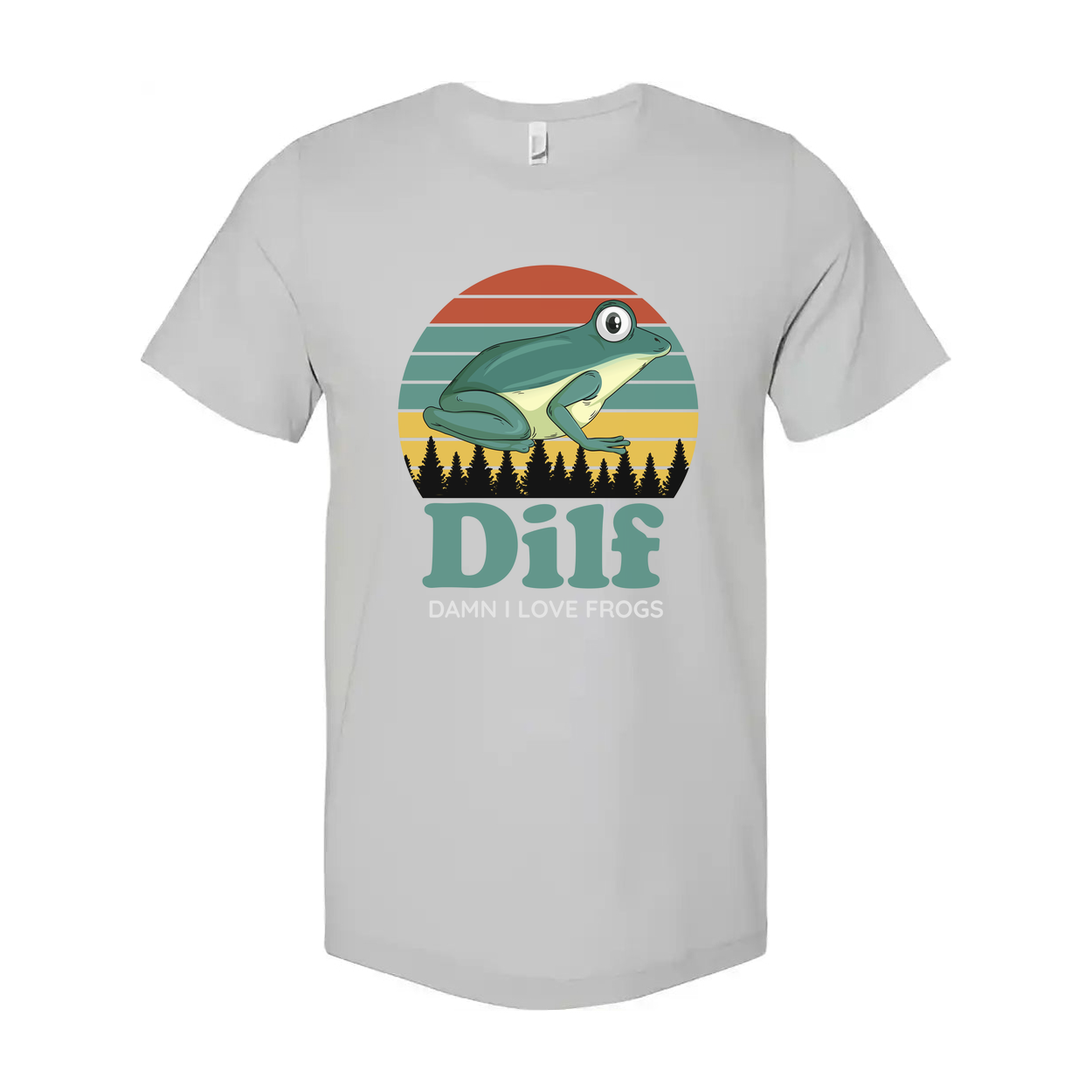 Unisex T Shirt With Frog Illustration Retro Sunset Stripes Forest Silhouette DILF Graphic Design