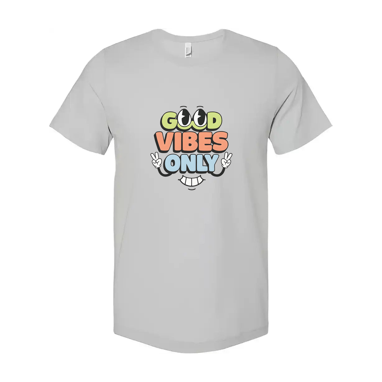 Good Vibes Only Unisex Graphic T Shirt With Colorful Text And Peace Sign Hands Design
