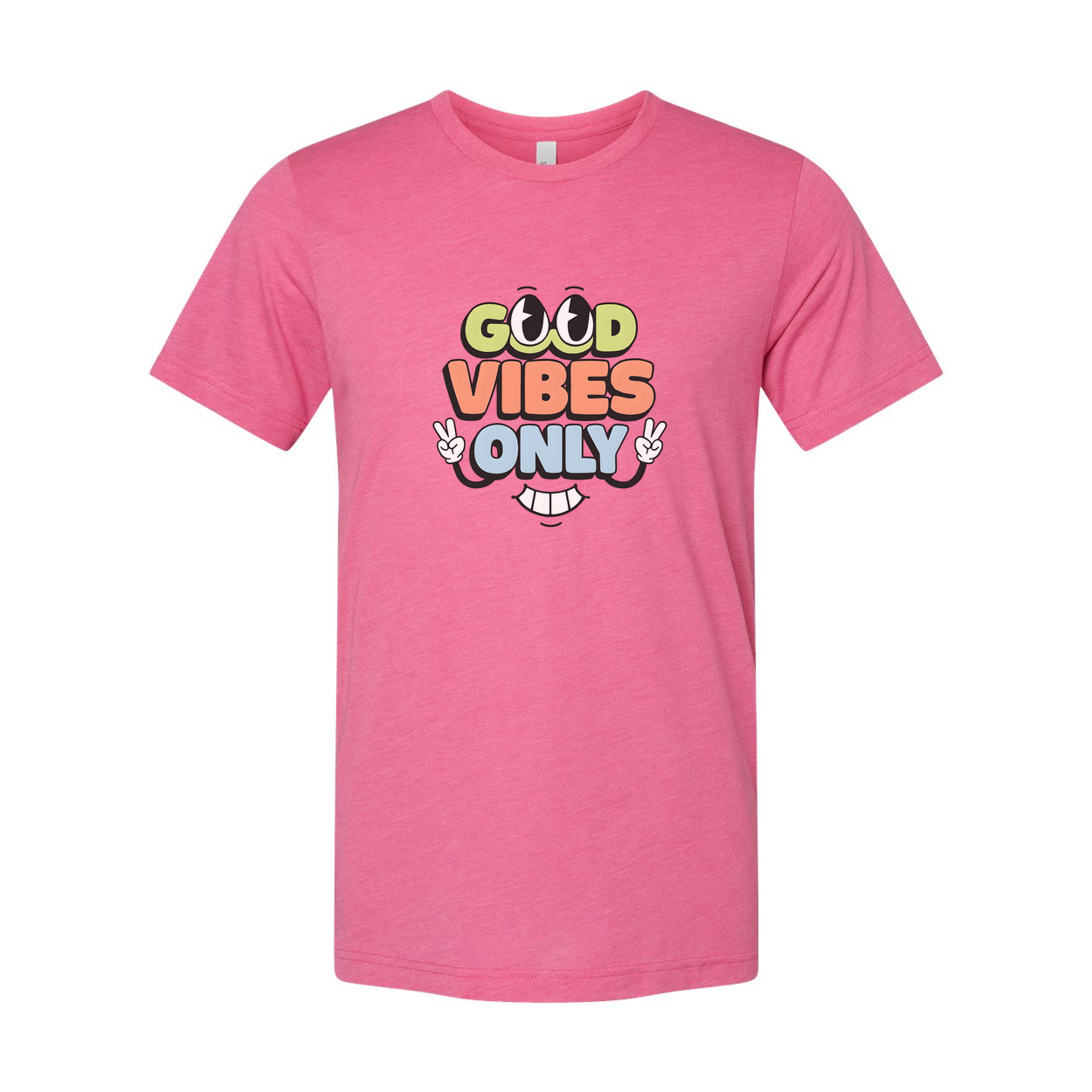Good Vibes Only Unisex Graphic T Shirt With Colorful Text And Peace Sign Hands Design