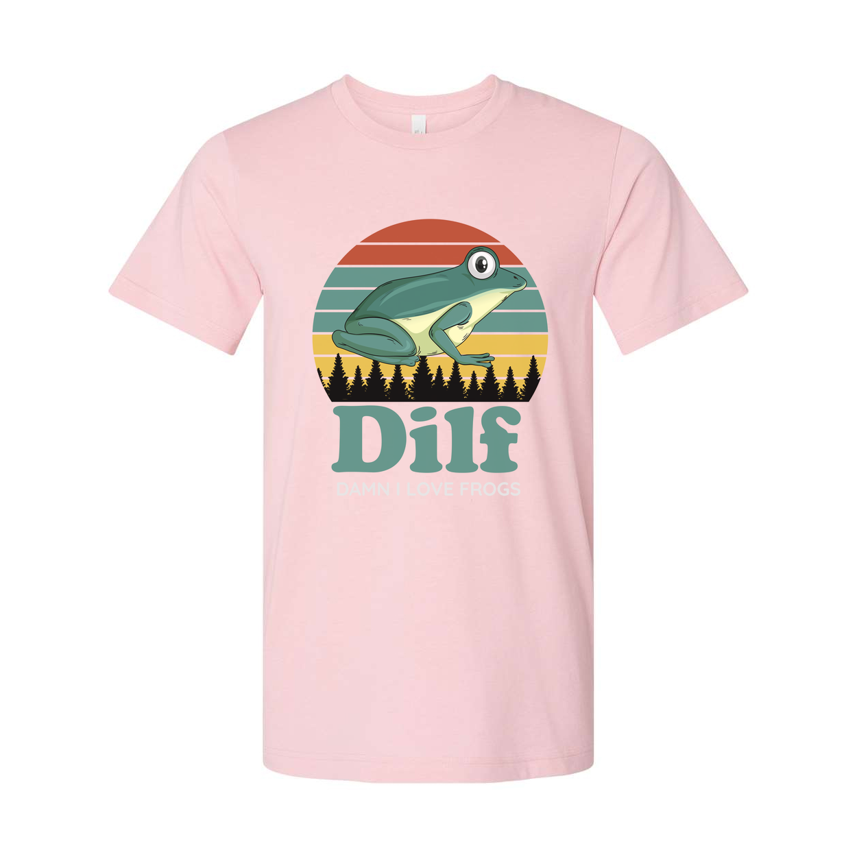 Unisex T Shirt With Frog Illustration Retro Sunset Stripes Forest Silhouette DILF Graphic Design