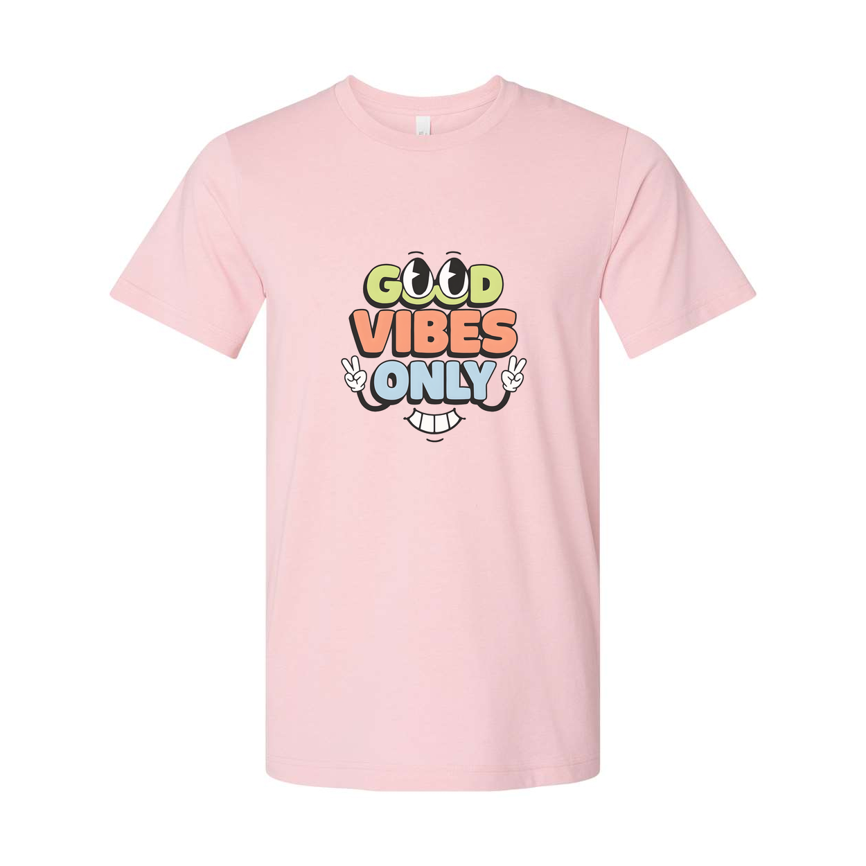 Good Vibes Only Unisex Graphic T Shirt With Colorful Text And Peace Sign Hands Design