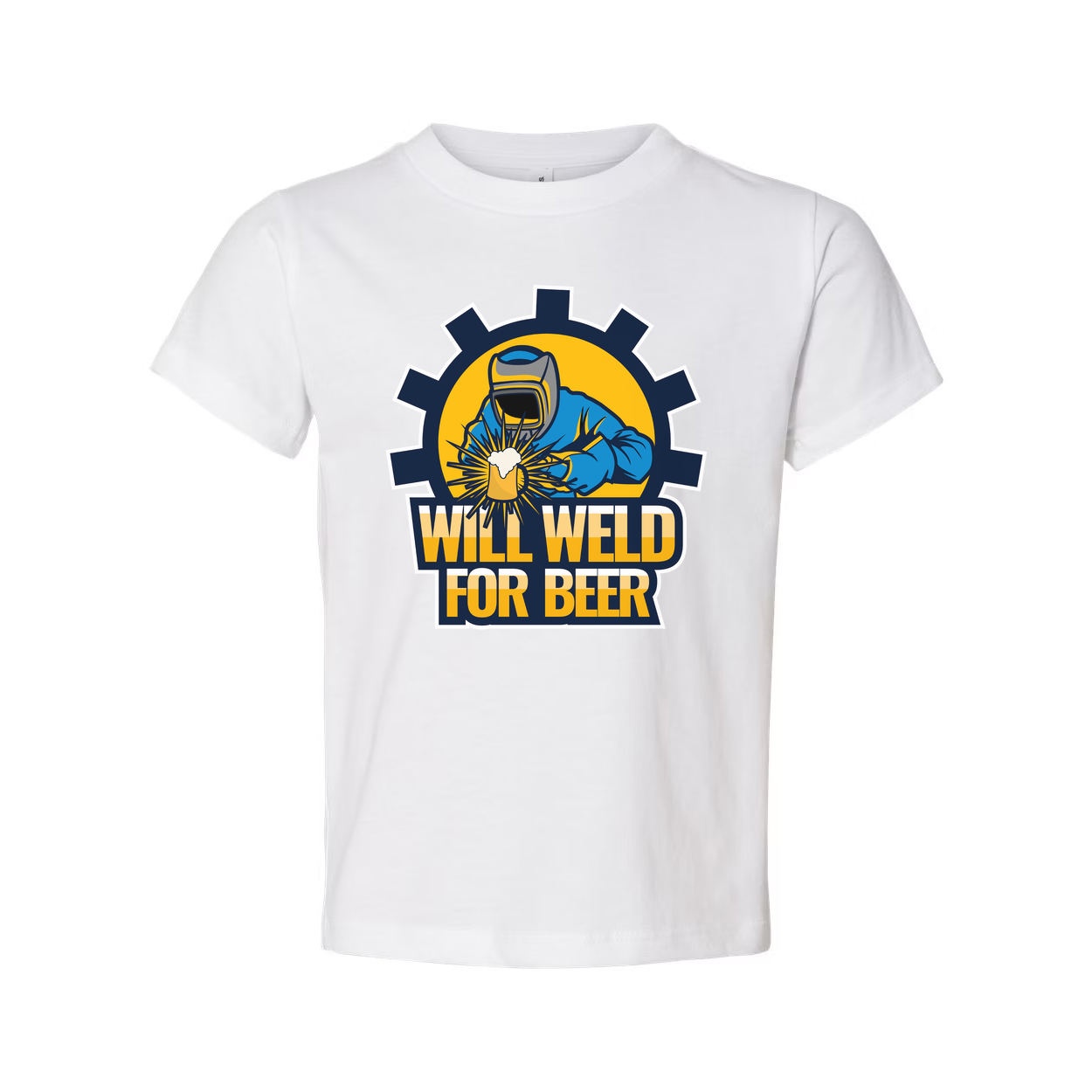 Will Weld For Beer Unisex Welding Graphic T Shirt With Gear Emblem And Bold Text
