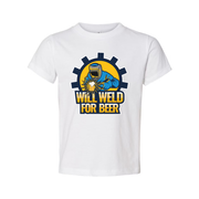 Will Weld For Beer Unisex Welding Graphic T Shirt With Gear Emblem And Bold Text