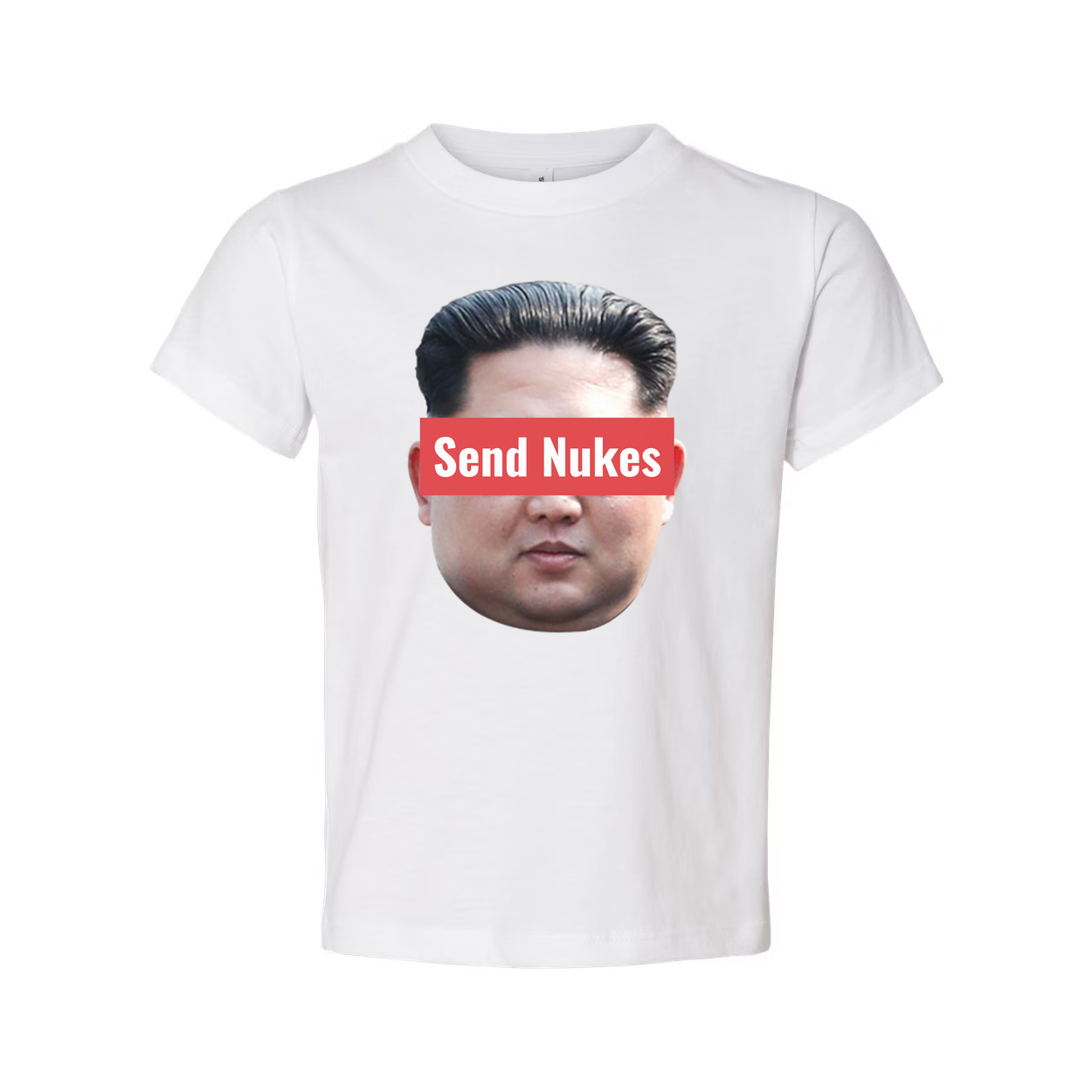 Humorous Unisex Graphic Tee With Red Censorship Bar Across Face Displaying Send Nukes