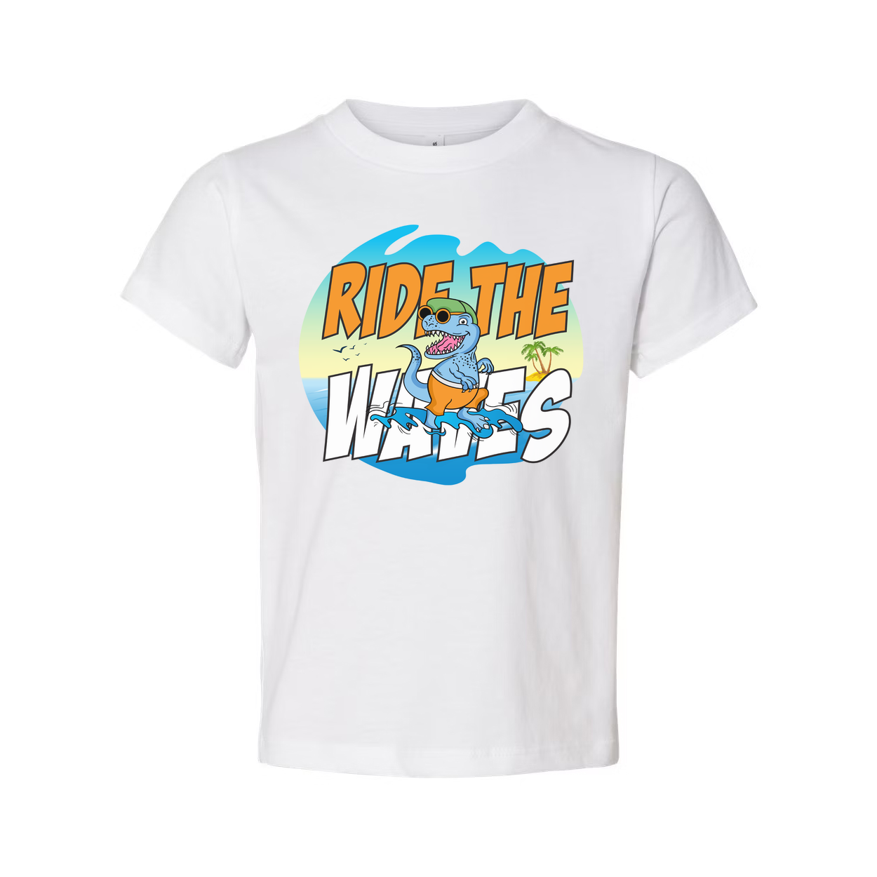 Ride The Waves Dinosaur Surfing T Shirt For Men Women Unisex Graphic Tee Beach Vibe Fun Artwork