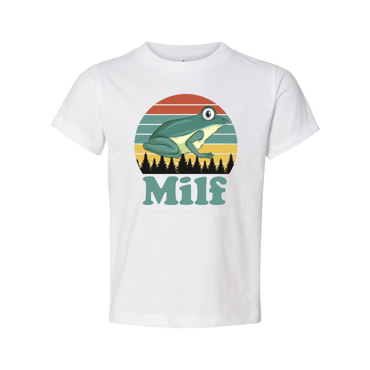 Humorous Frog Graphic T Shirt With Retro Sunset Stripes And Milf Text For Nature Lovers