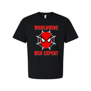Worldwide Web Expert Unisex T Shirt With Spider Web Graphic And Red Mask Design Artwork