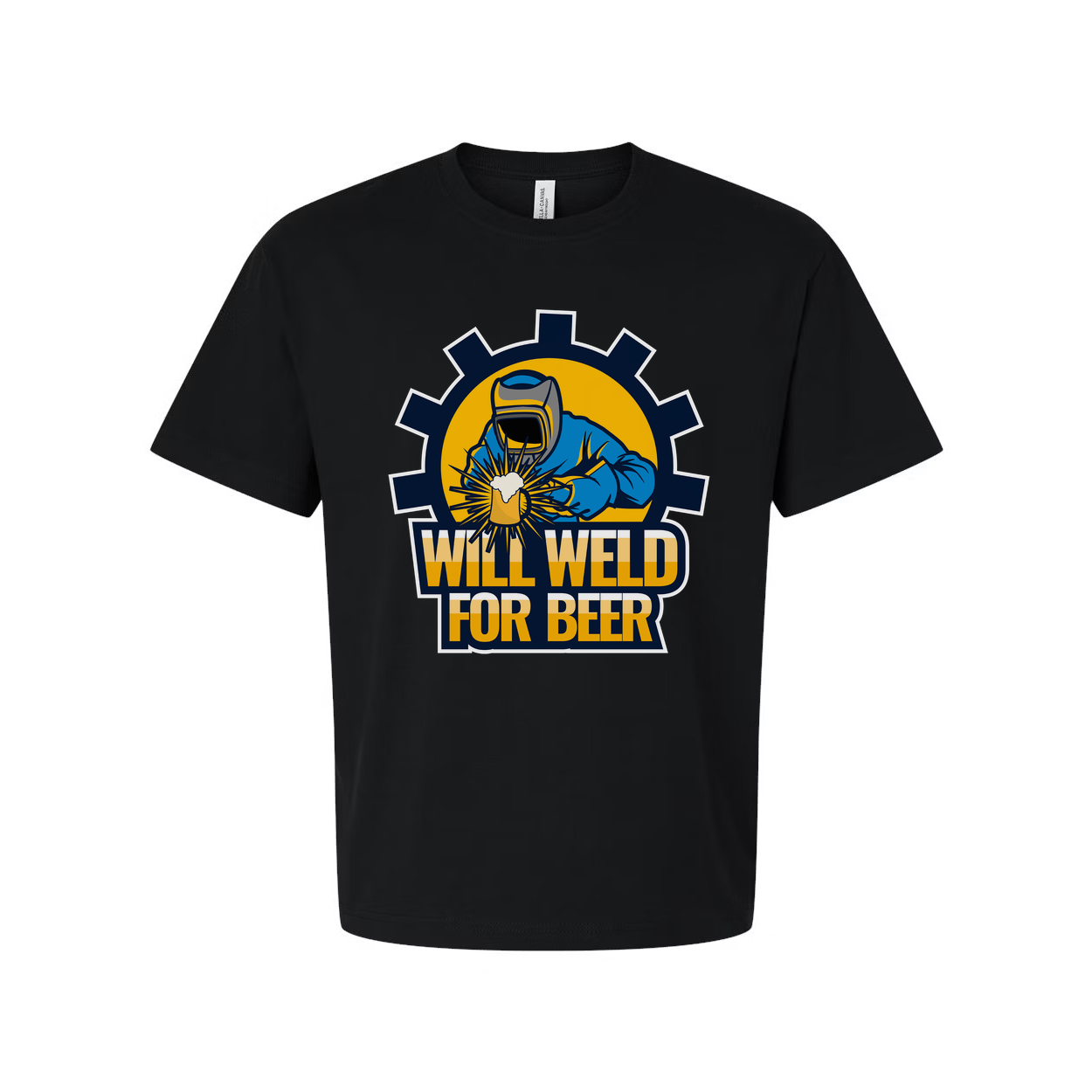 Will Weld For Beer Unisex Welding Graphic T Shirt With Gear Emblem And Bold Text