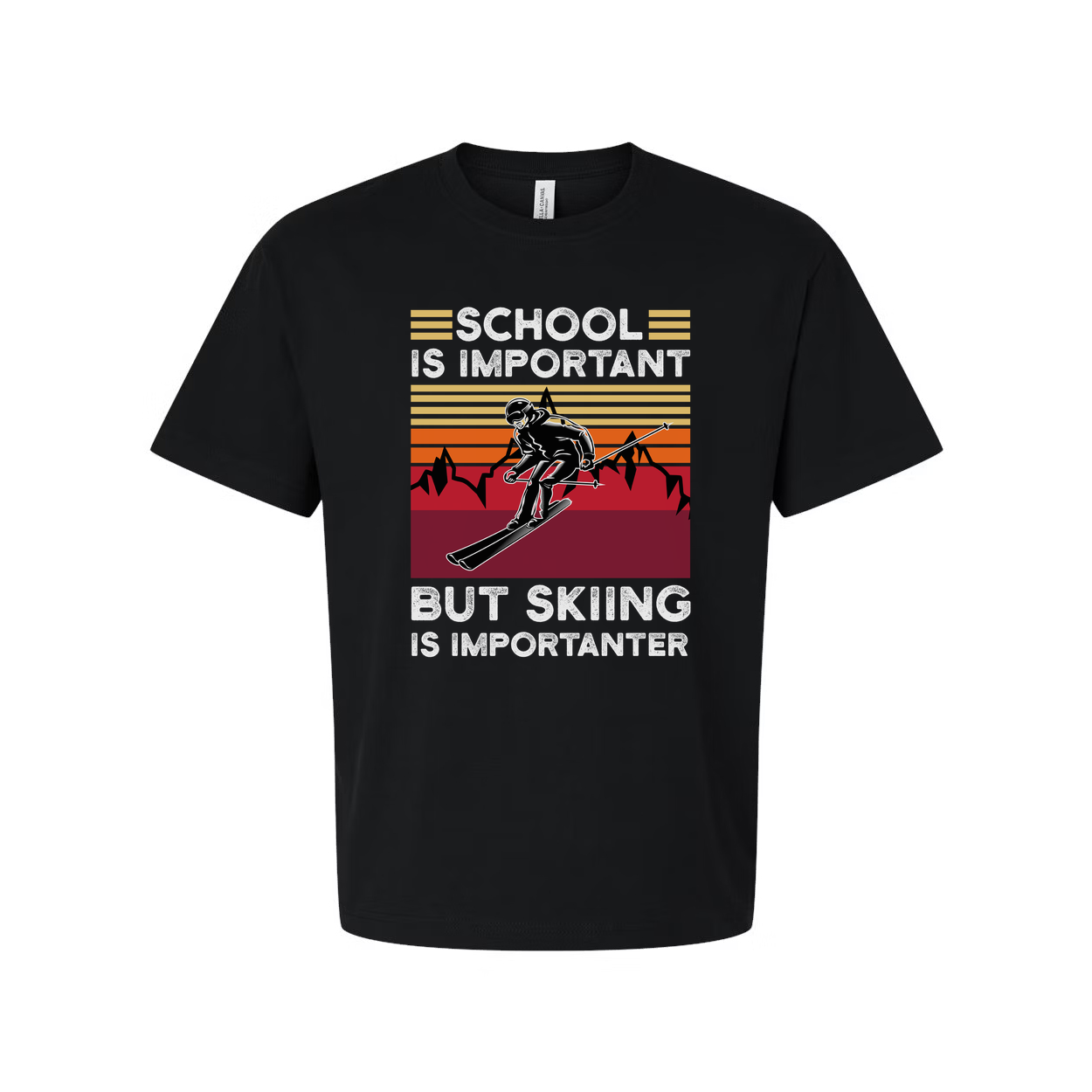 Humor Unisex Skiing T Shirt With Retro Sunset Mountains And School Is Important But Skiing Is Importanter