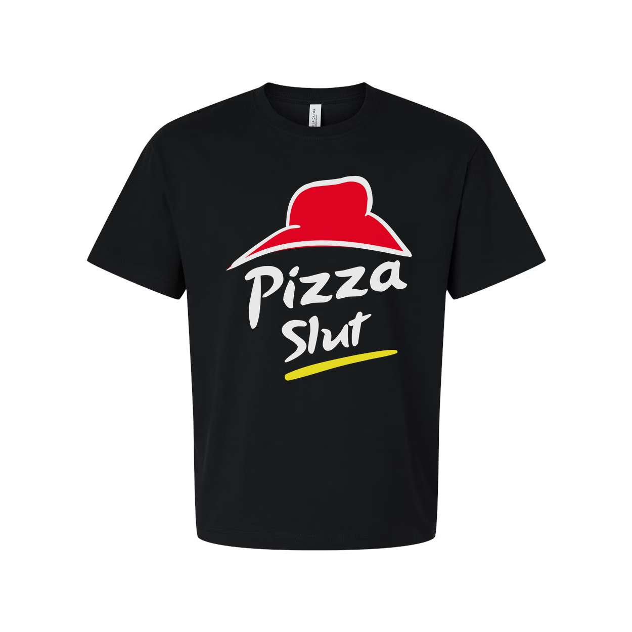 White Unisex Cotton T Shirt With Red Hat Pizza Slut Graphic And Yellow Brushstroke