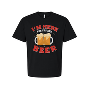 I'm Here For Tits And Beer Unisex Graphic Tee With Beer Mug Illustration For Party Or Gift