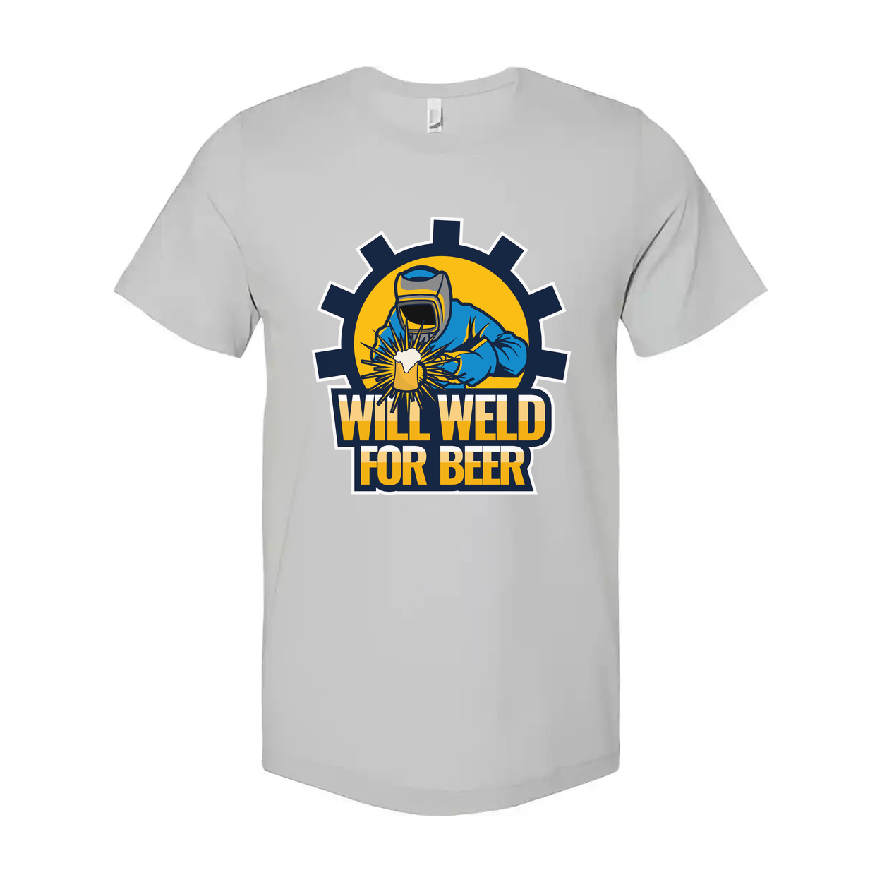 Will Weld For Beer Unisex Welding Graphic T Shirt With Gear Emblem And Bold Text