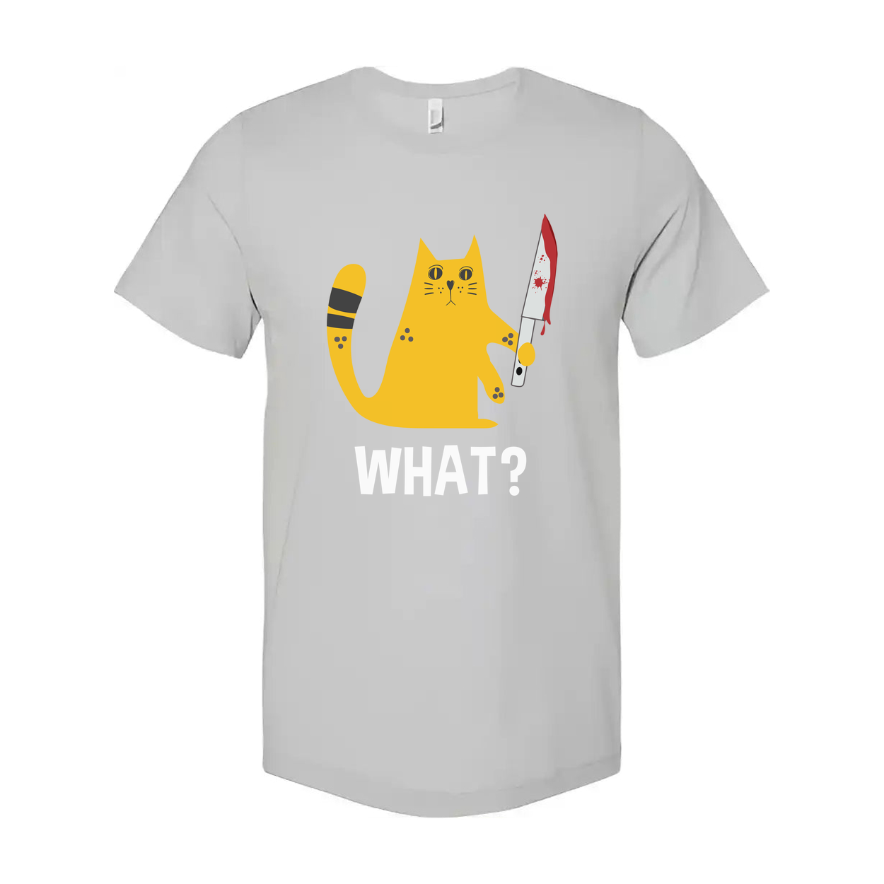 Humorous Yellow Cat Graphic T Shirt Holding Bloodied Knife Unisex Tee With What Caption