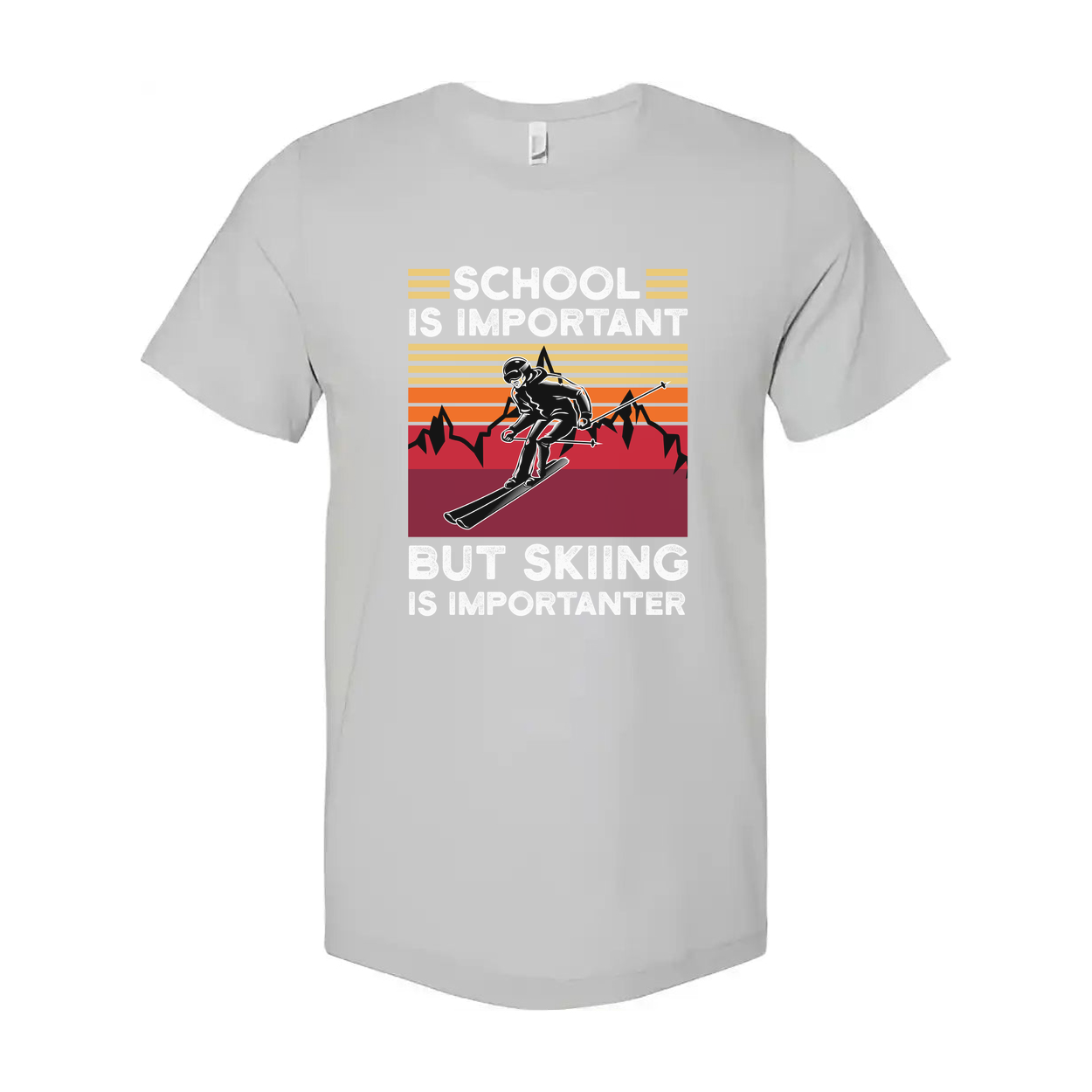 Humor Unisex Skiing T Shirt With Retro Sunset Mountains And School Is Important But Skiing Is Importanter