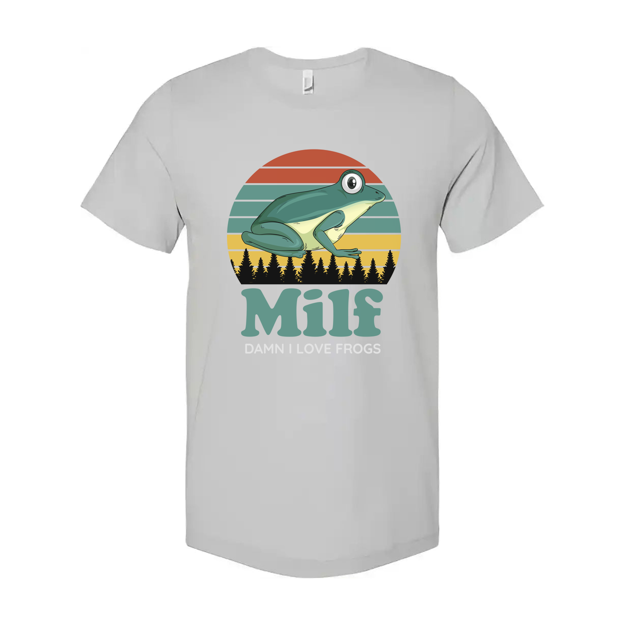 Humorous Frog Graphic T Shirt With Retro Sunset Stripes And Milf Text For Nature Lovers