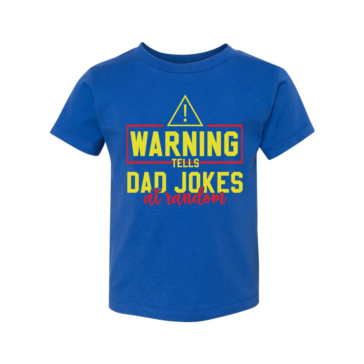 White Short Sleeve T Shirt With Yellow Warning Sign And Bold Text Saying Tells Dad Jokes At Random