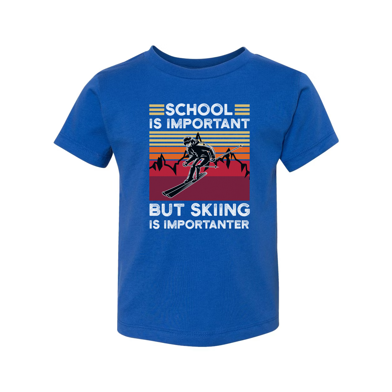 Humor Unisex Skiing T Shirt With Retro Sunset Mountains And School Is Important But Skiing Is Importanter