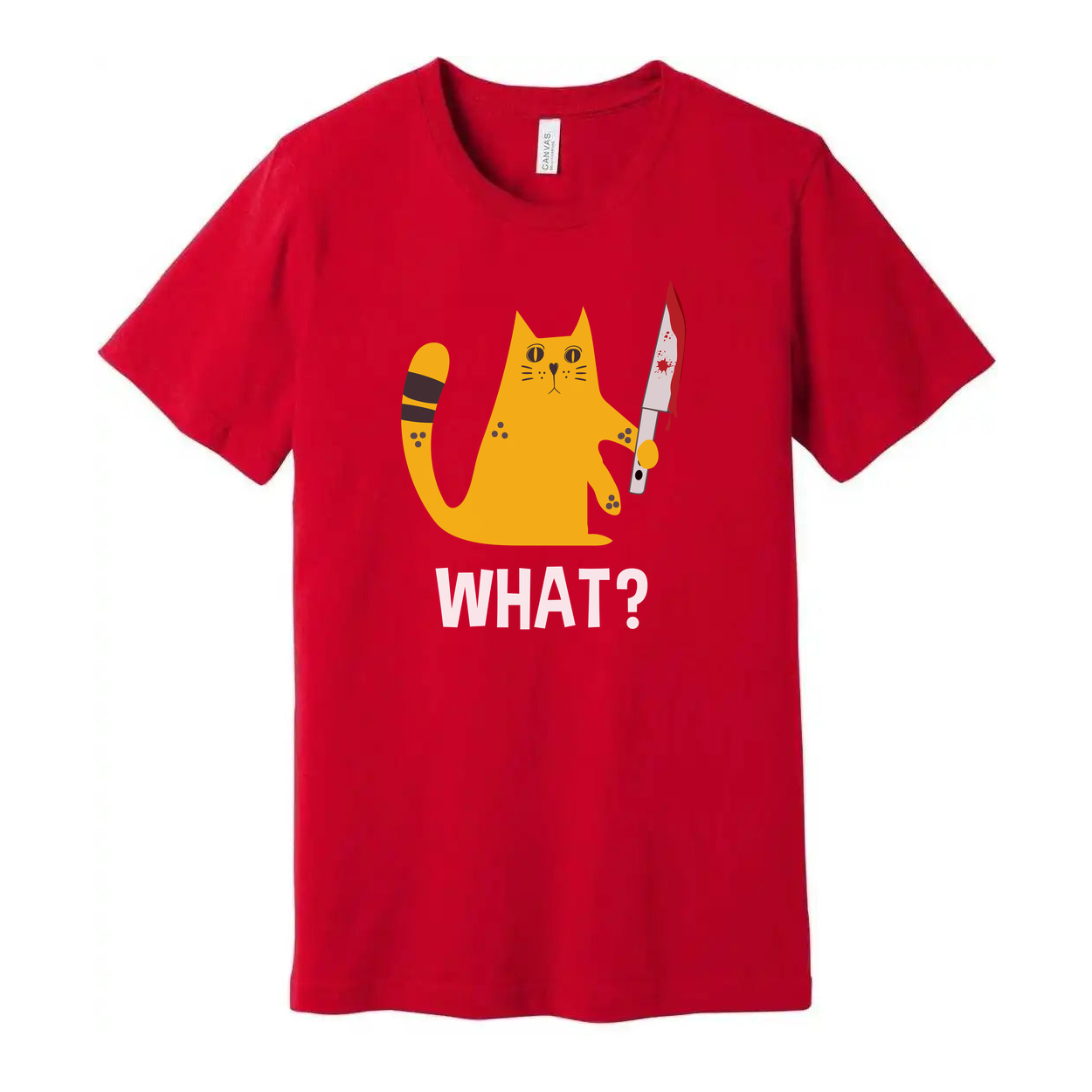 Humorous Yellow Cat Graphic T Shirt Holding Bloodied Knife Unisex Tee With What Caption