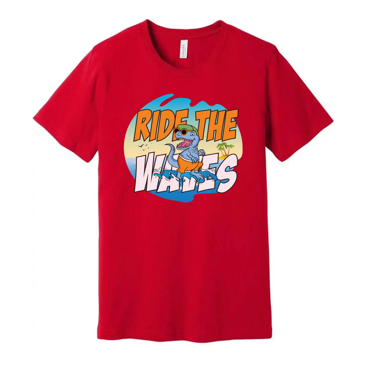 Ride The Waves Dinosaur Surfing T Shirt For Men Women Unisex Graphic Tee Beach Vibe Fun Artwork