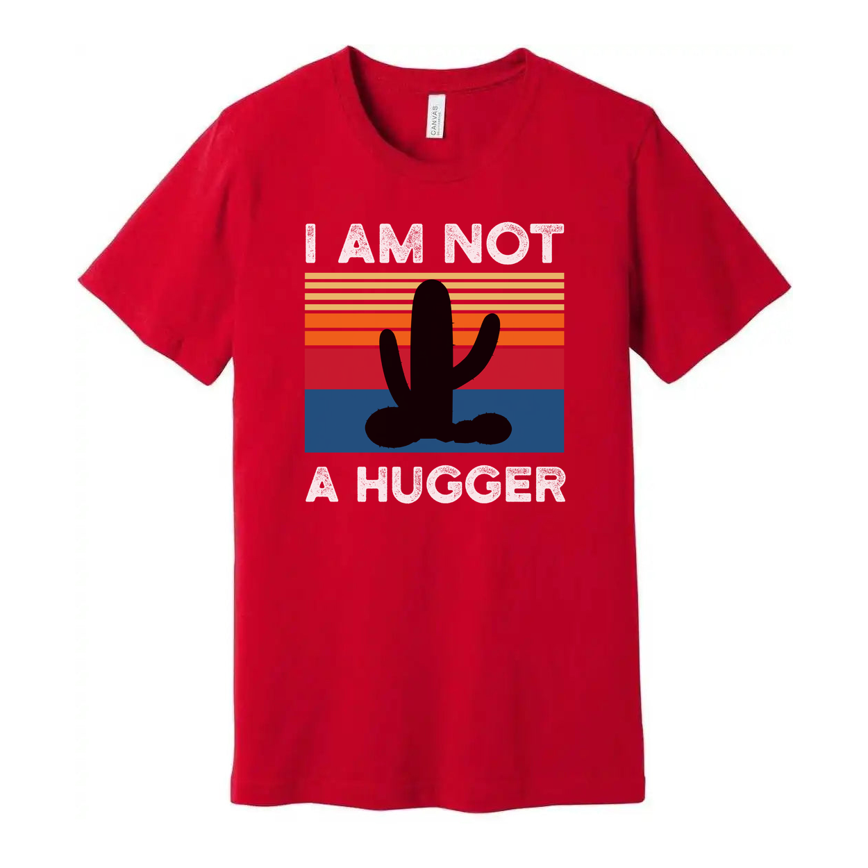 I Am Not A Hugger White T Shirt Unisex Graphic Tee With Cactus Sunset Retro Stripes Design