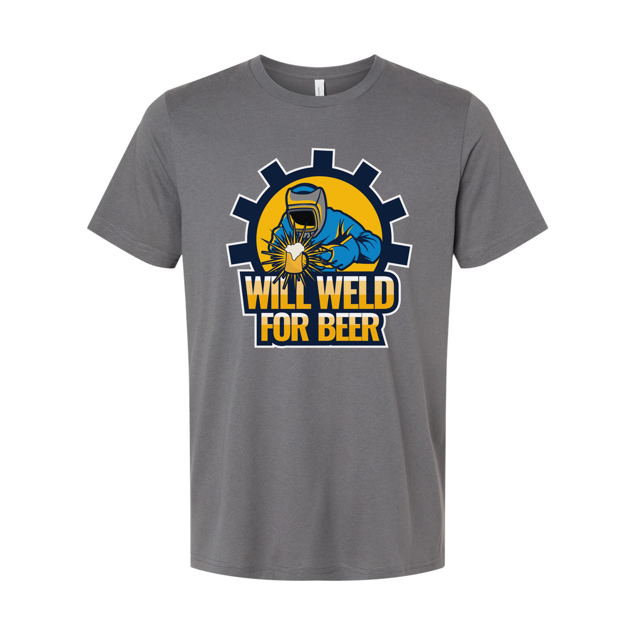 Will Weld For Beer Unisex Welding Graphic T Shirt With Gear Emblem And Bold Text
