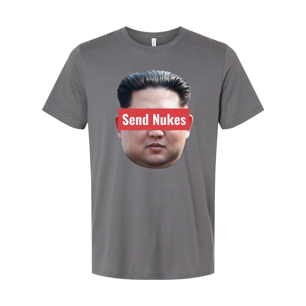 Humorous Unisex Graphic Tee With Red Censorship Bar Across Face Displaying Send Nukes