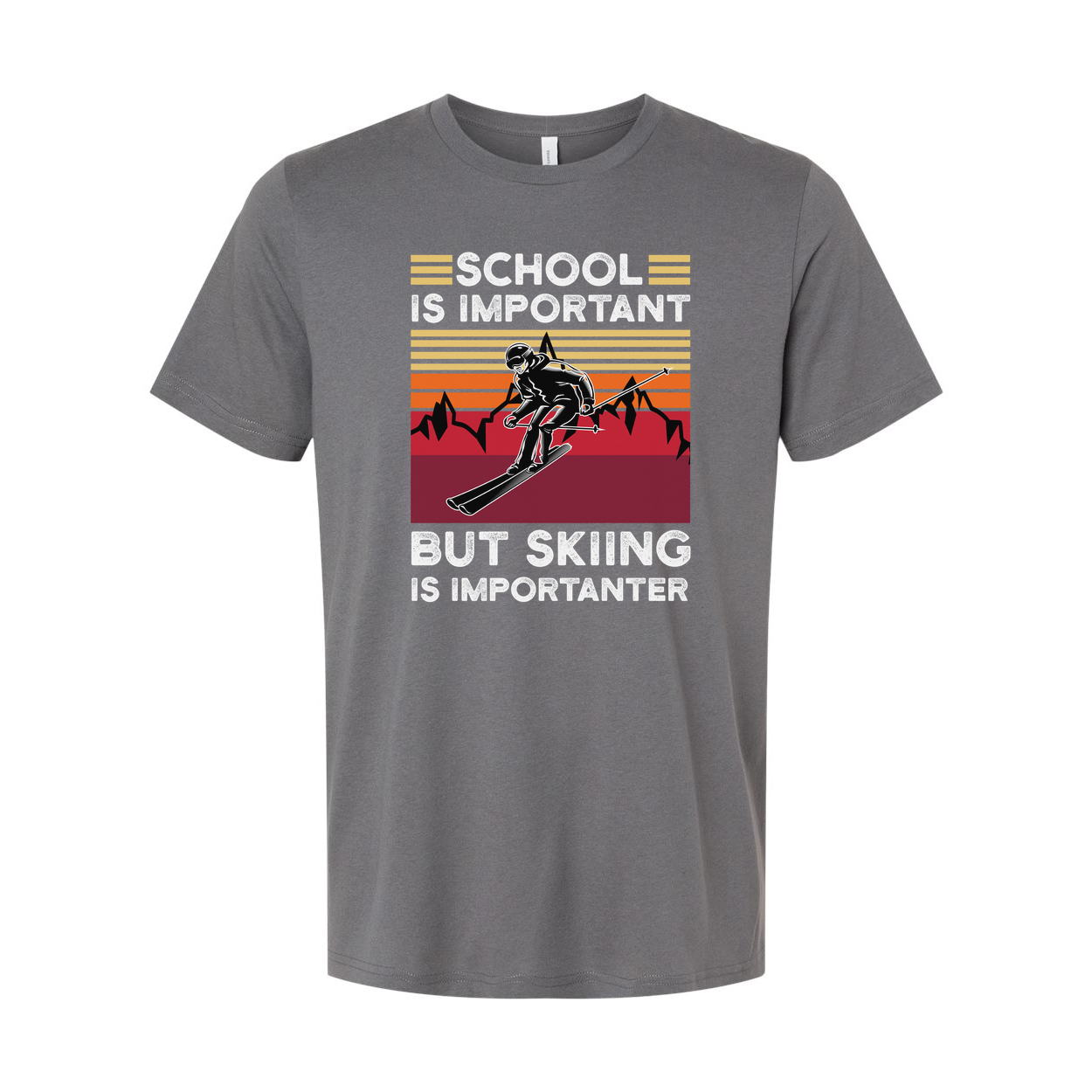 Humor Unisex Skiing T Shirt With Retro Sunset Mountains And School Is Important But Skiing Is Importanter