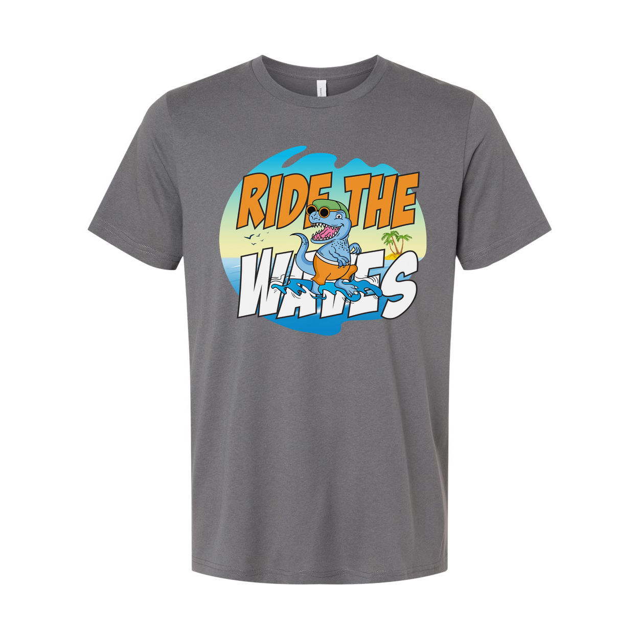 Ride The Waves Dinosaur Surfing T Shirt For Men Women Unisex Graphic Tee Beach Vibe Fun Artwork