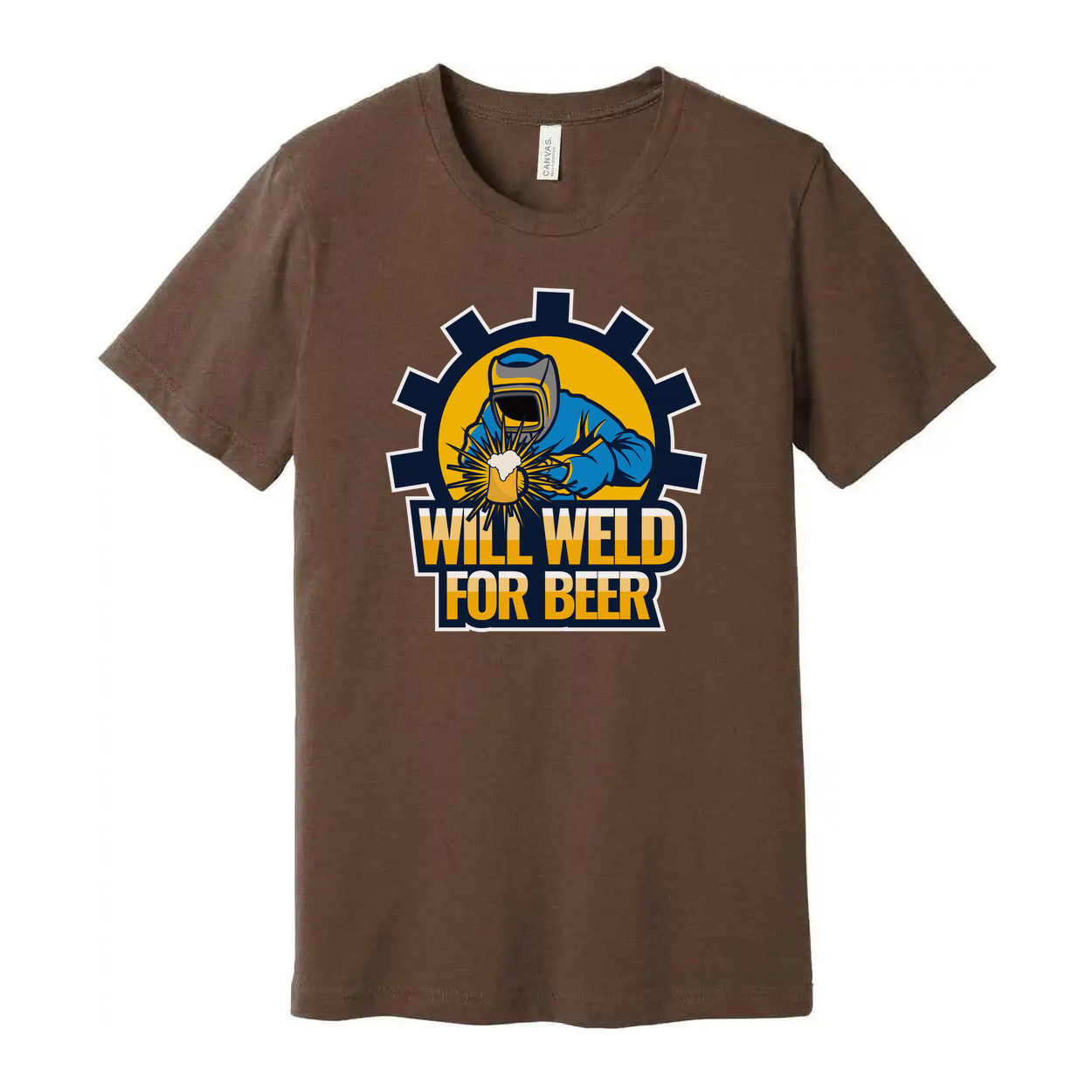 Will Weld For Beer Unisex Welding Graphic T Shirt With Gear Emblem And Bold Text