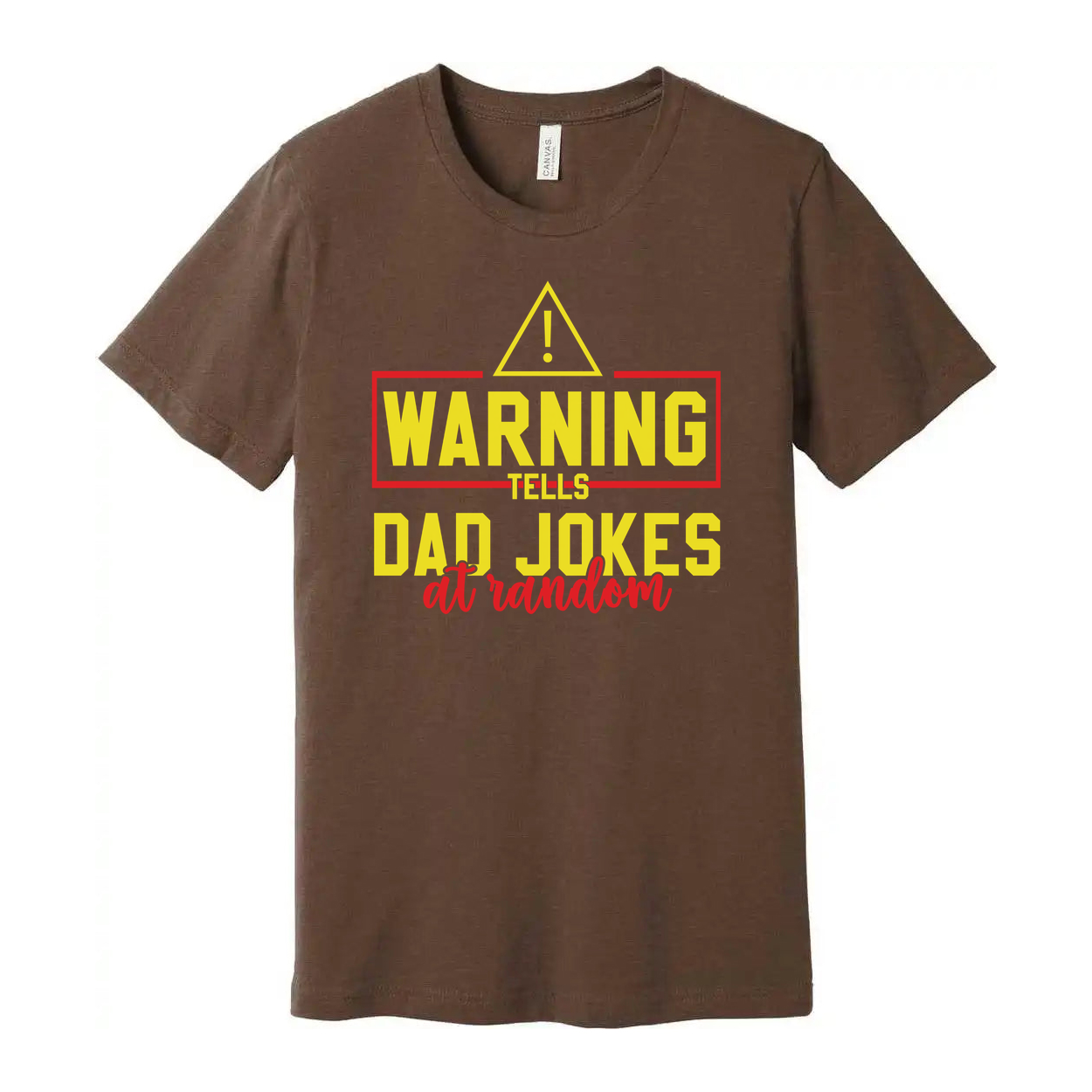 White Short Sleeve T Shirt With Yellow Warning Sign And Bold Text Saying Tells Dad Jokes At Random