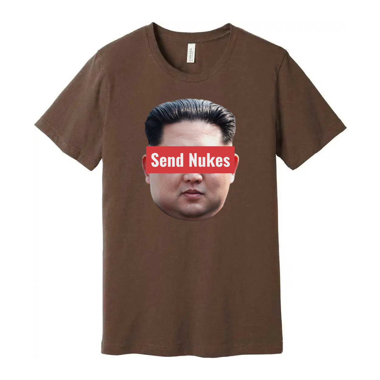 Humorous Unisex Graphic Tee With Red Censorship Bar Across Face Displaying Send Nukes