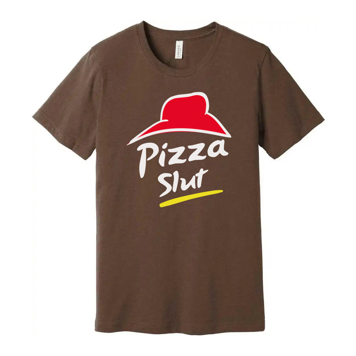 White Unisex Cotton T Shirt With Red Hat Pizza Slut Graphic And Yellow Brushstroke