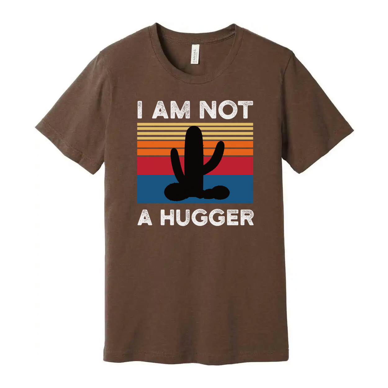 I Am Not A Hugger White T Shirt Unisex Graphic Tee With Cactus Sunset Retro Stripes Design