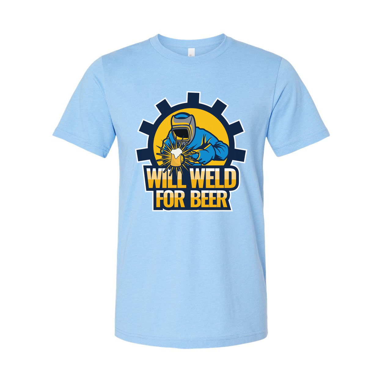Will Weld For Beer Unisex Welding Graphic T Shirt With Gear Emblem And Bold Text