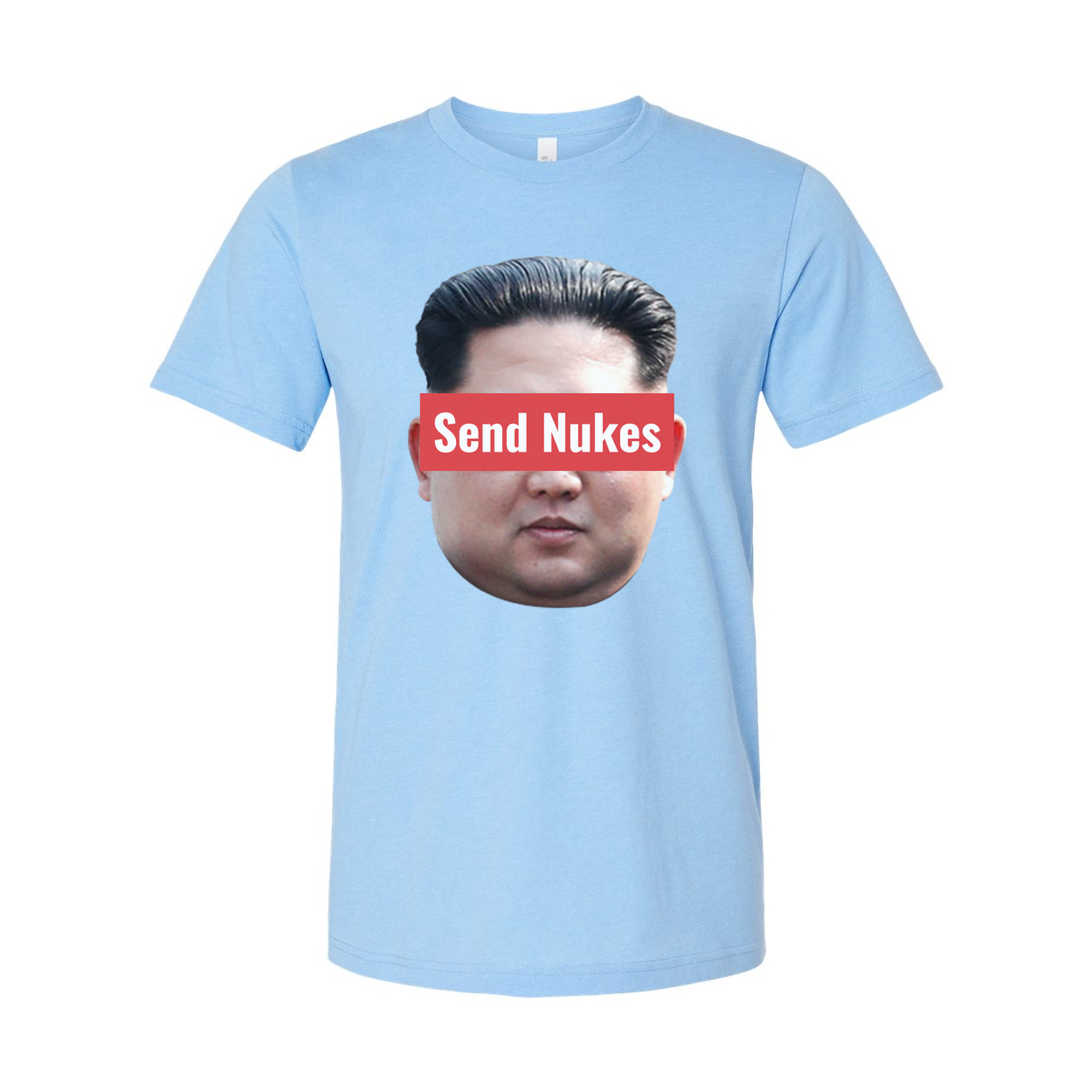 Humorous Unisex Graphic Tee With Red Censorship Bar Across Face Displaying Send Nukes