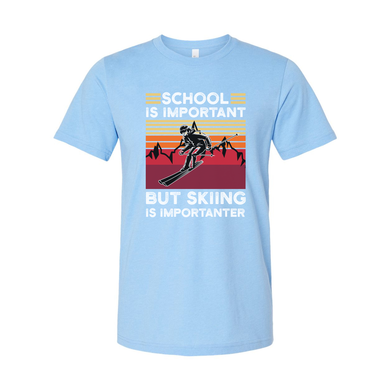 Humor Unisex Skiing T Shirt With Retro Sunset Mountains And School Is Important But Skiing Is Importanter