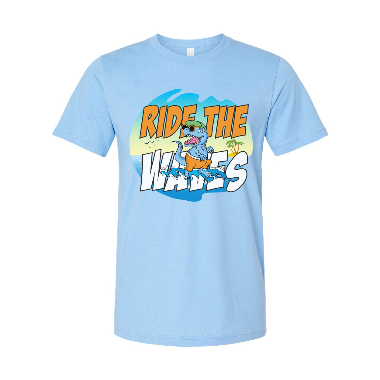 Ride The Waves Dinosaur Surfing T Shirt For Men Women Unisex Graphic Tee Beach Vibe Fun Artwork