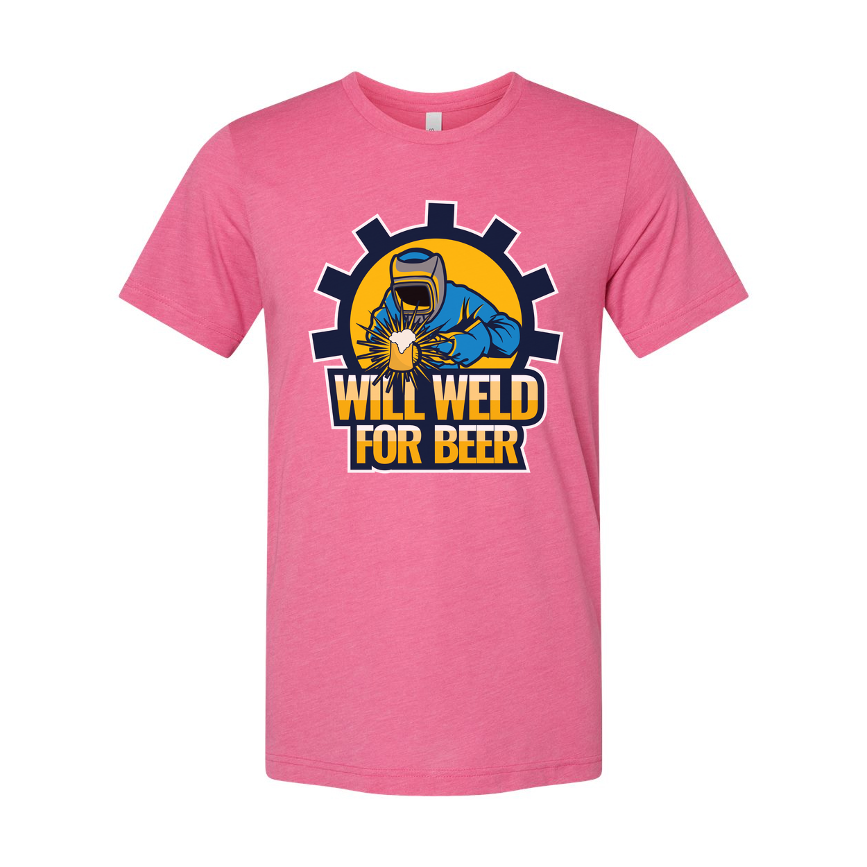 Will Weld For Beer Unisex Welding Graphic T Shirt With Gear Emblem And Bold Text