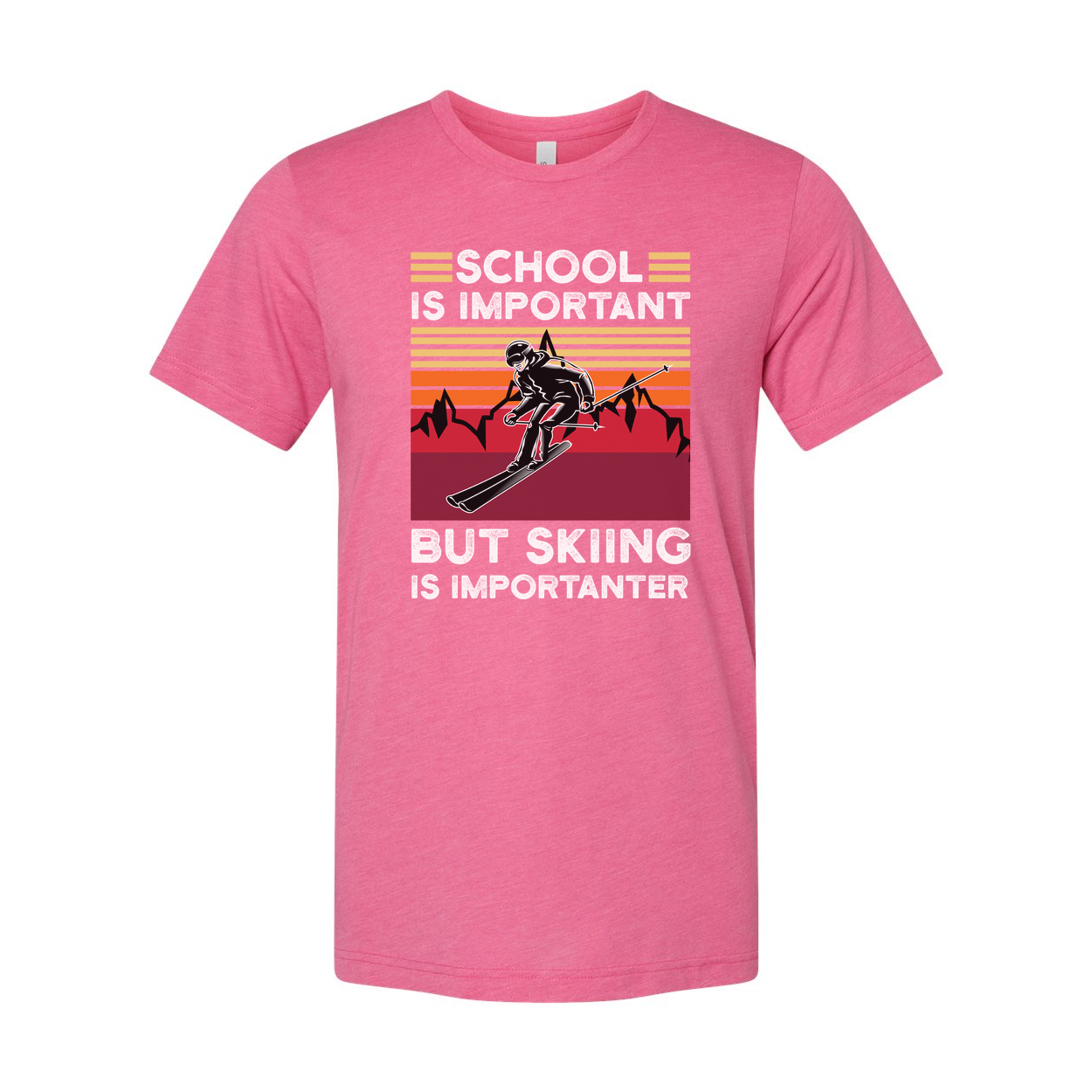 Humor Unisex Skiing T Shirt With Retro Sunset Mountains And School Is Important But Skiing Is Importanter