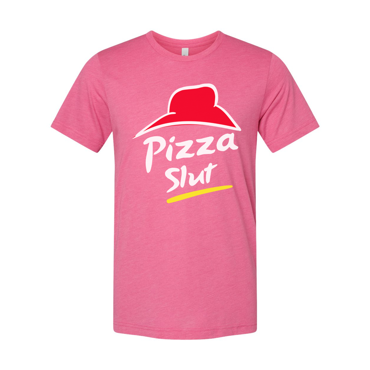 White Unisex Cotton T Shirt With Red Hat Pizza Slut Graphic And Yellow Brushstroke