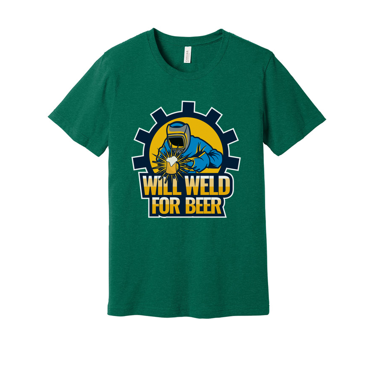 Will Weld For Beer Unisex Welding Graphic T Shirt With Gear Emblem And Bold Text