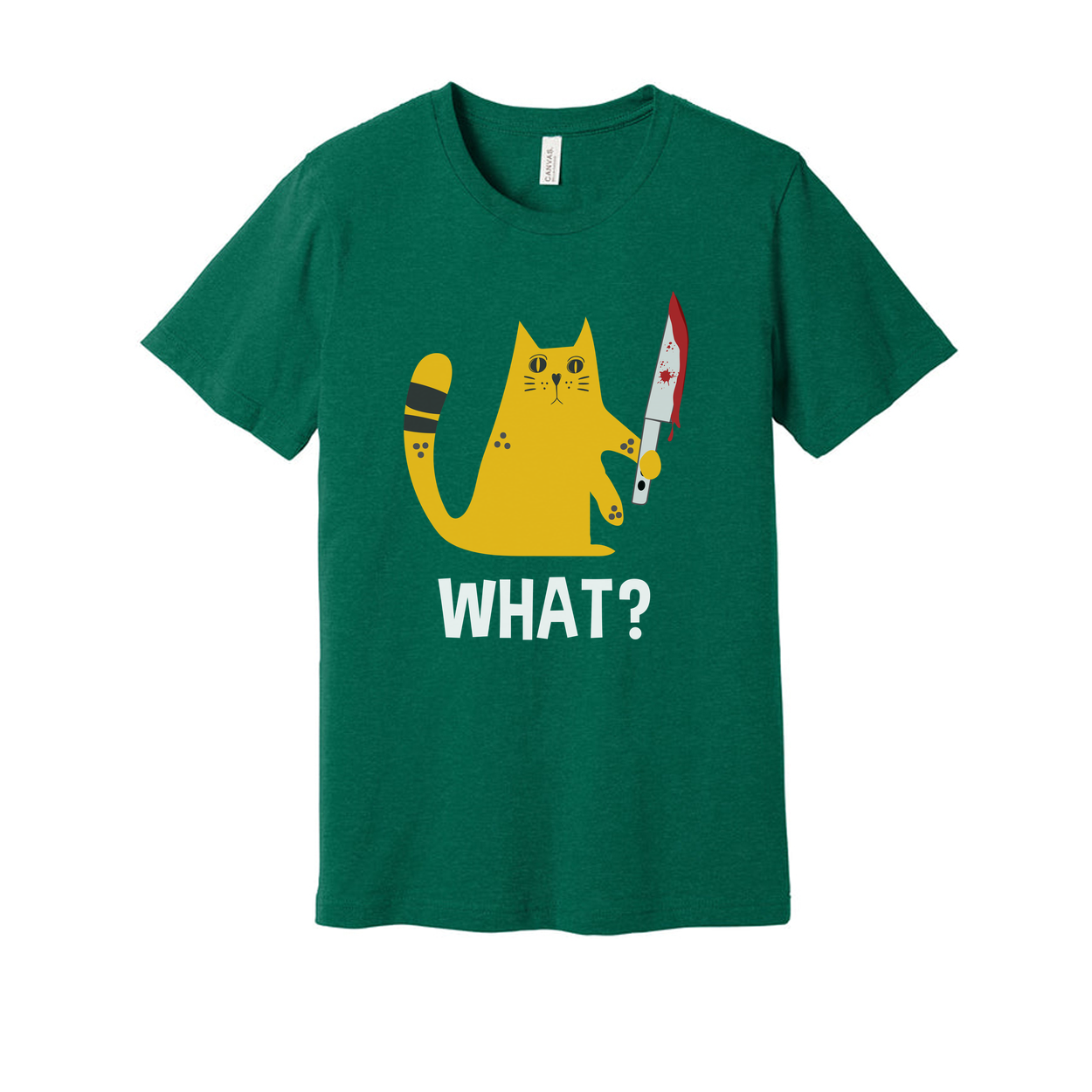 Humorous Yellow Cat Graphic T Shirt Holding Bloodied Knife Unisex Tee With What Caption