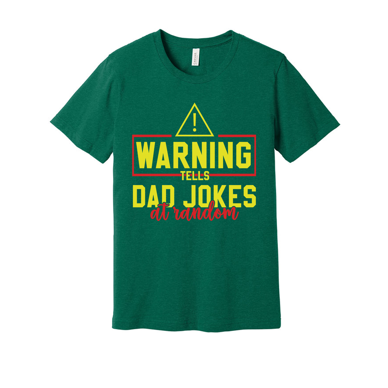White Short Sleeve T Shirt With Yellow Warning Sign And Bold Text Saying Tells Dad Jokes At Random
