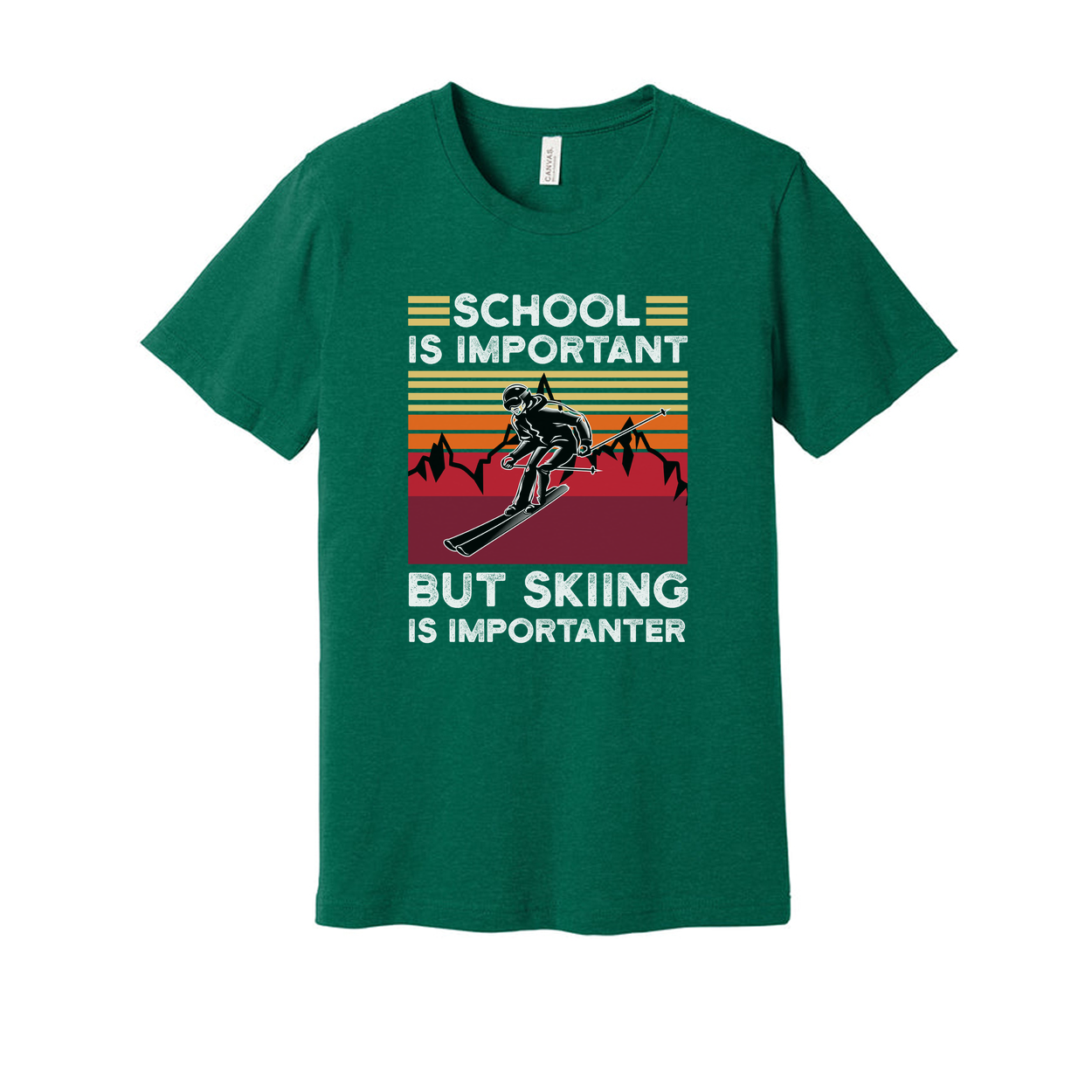 Humor Unisex Skiing T Shirt With Retro Sunset Mountains And School Is Important But Skiing Is Importanter